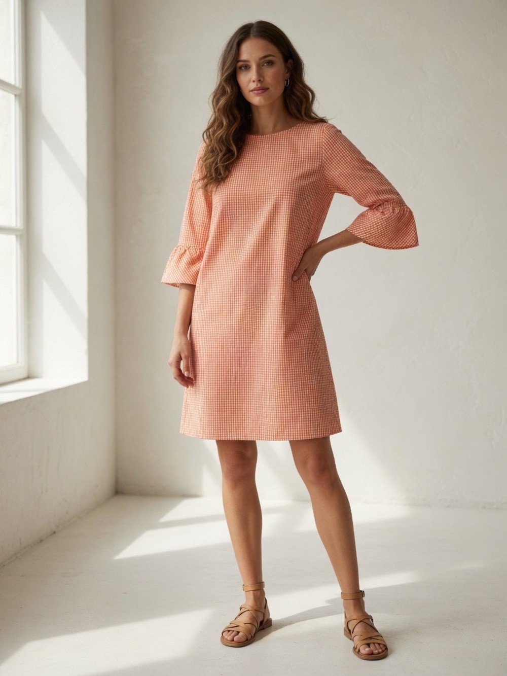 Caroline Rose Women’s Peach Orange Gingham Shift Dress with Ruffle Sleeves